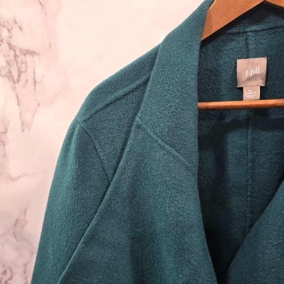 J Jill Jacket Womens 1X Dark Forest Green Open Front Wool Angora Waterfall Tie - Picture 2 of 12